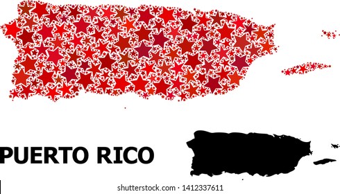 Red star mosaic and solid map of Puerto Rico. Vector geographic map of Puerto Rico in red color shades. Abstract mosaic is created with random flat star elements.