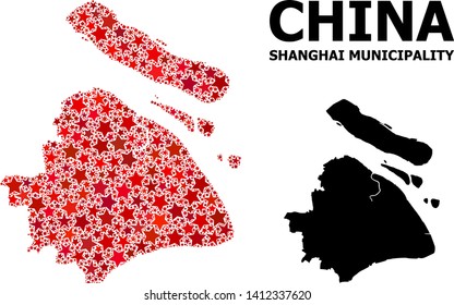 Red star mosaic and solid map of Shanghai Municipality. Vector geographic map of Shanghai Municipality in red color tints. Abstract concept is created from scattered flat star items.