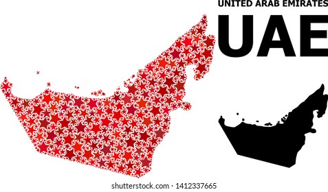 Red star mosaic and solid map of United Arab Emirates. Vector geographic map of United Arab Emirates in red color shades. Abstract mosaic is created from randomized flat star elements.