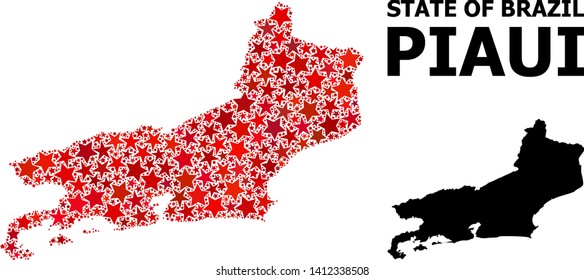 Red star mosaic and solid map of Piaui State. Vector geographic map of Piaui State in red color shades. Abstract mosaic is designed with scattered flat star parts.
