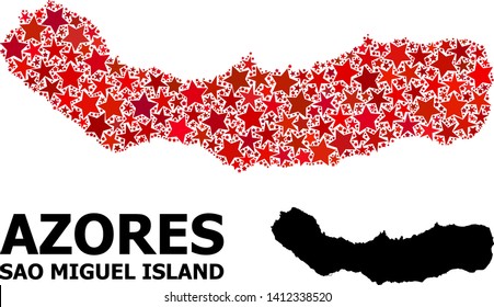 Red star mosaic and solid map of Sao Miguel Island. Vector geographic map of Sao Miguel Island in red color tones. Abstract mosaic is combined from random flat star parts.