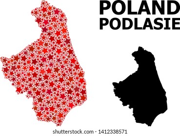 Red star mosaic and solid map of Podlasie Province. Vector geographic map of Podlasie Province in red color shades. Abstract collage is designed with random flat star elements.