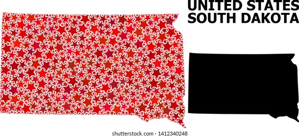 Red star mosaic and solid map of South Dakota State. Vector geographic map of South Dakota State in red color tinges. Abstract mosaic is done with random flat star parts.