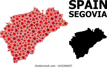 Red star mosaic and solid map of Segovia Province. Vector geographic map of Segovia Province in red color variations. Abstract composition is organized from scattered flat star items.