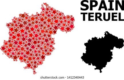 Red star mosaic and solid map of Teruel Province. Vector geographic map of Teruel Province in red color hues. Abstract mosaic is created from scattered flat star items.