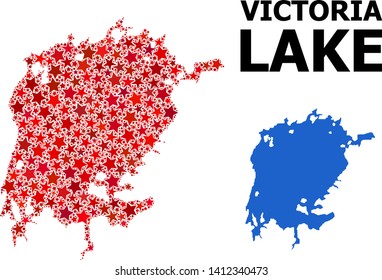 Red star mosaic and solid map of Victoria Lake. Vector geographic map of Victoria Lake in red color tints. Abstract mosaic is composed from randomized flat star elements.