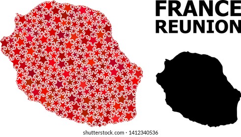 Red star mosaic and solid map of Reunion Island. Vector geographic map of Reunion Island in red color tinges. Abstract mosaic is constructed from randomized flat star parts.