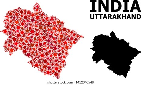 Red star mosaic and solid map of Uttarakhand State. Vector geographic map of Uttarakhand State in red color variations. Abstract composition is composed from randomized flat star elements.