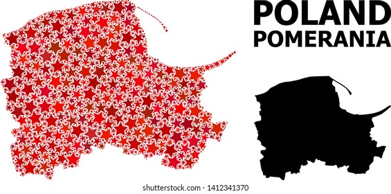 Red star mosaic and solid map of Pomerania Province. Vector geographic map of Pomerania Province in red color tints. Abstract mosaic is combined with randomized flat star elements.