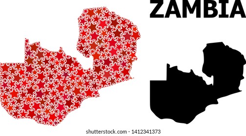 Red star mosaic and solid map of Zambia. Vector geographic map of Zambia in red color hues. Abstract mosaic is organized with scattered flat star elements.