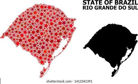 Red star mosaic and solid map of Rio Grande do Sul State. Vector geographic map of Rio Grande do Sul State in red color tints. Abstract composition is done with scattered flat star items.