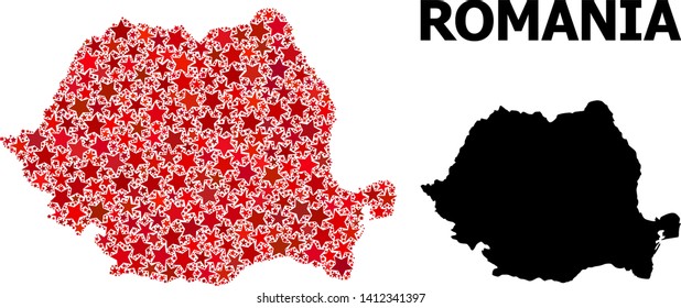 Red star mosaic and solid map of Romania. Vector geographic map of Romania in red color tinges. Abstract mosaic is combined from random flat star items.
