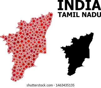 Red star mosaic and solid map of Tamil Nadu State. Vector geographic map of Tamil Nadu State in red color shades. Abstract mosaic is composed with scattered flat star items.