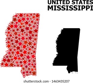 Red star mosaic and solid map of Mississippi State. Vector geographic map of Mississippi State in red color tones. Abstract mosaic is organized from randomized flat star items.