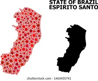 Red star mosaic and solid map of Espirito Santo State. Vector geographic map of Espirito Santo State in red color variations. Abstract collage is done with scattered flat star elements.