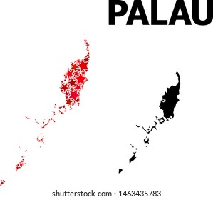 Red star mosaic and solid map of Palau Islands. Vector geographic map of Palau Islands in red color variations. Abstract mosaic is combined from scattered flat star parts.