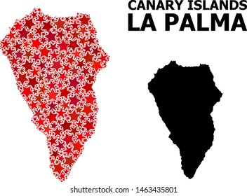 Red star mosaic and solid map of La Palma Island. Vector geographic map of La Palma Island in red color tones. Abstract mosaic is created with random flat star parts.