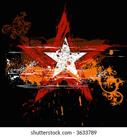 red star on black background and orange grunge flowers ornament