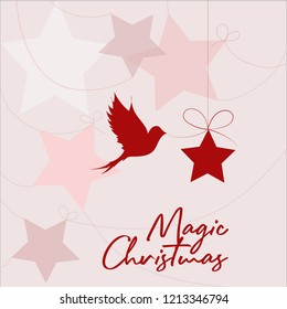 A red star on Christmas background soft pink stars. Lettering Magic Christmas. Card vector Illustration.