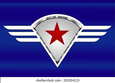 red star on the winged shield. star and wings. star, shield and stripes. red star, silver shield and white stripes over the glowing blue background. Wings with the star and stripes. Patriotic wings.