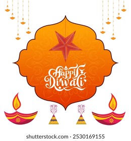 Ein roter Stern ein orangefarbener Rahmen mit Mandala-Design hängenden Diyas und Feuerwerkskörper Happy Diwali ist in einer festlichen Schrift symbolisiert Freude und Wohlstand geschrieben