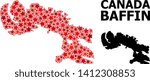 Red star pattern and solid map of Baffin Island. Vector geographic map of Baffin Island in red color variations. Abstract concept is constructed with scattered flat star items.