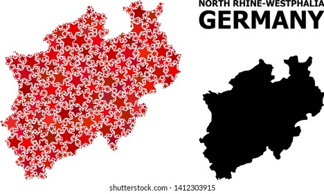 Red star pattern and solid map of North Rhine-Westphalia State. Vector geographic map of North Rhine-Westphalia State in red color hues. Abstract collage is designed with scattered flat star elements.