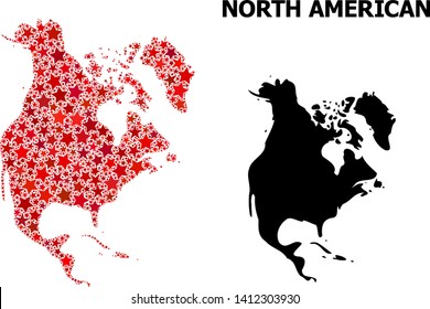 Red star pattern and solid map of North America. Vector geographic map of North America in red color tones. Abstract mosaic is created with randomized flat star parts.