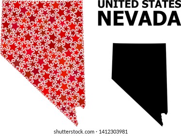 Red star pattern and solid map of Nevada State. Vector geographic map of Nevada State in red color tones. Abstract mosaic is combined with random flat star items.