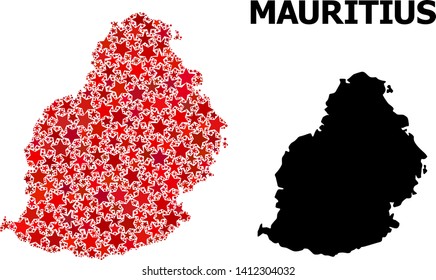 Red star pattern and solid map of Mauritius Island. Vector geographic map of Mauritius Island in red color tones. Abstract concept is combined from scattered flat star parts.