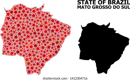 Red star pattern and solid map of Mato Grosso do Sul State. Vector geographic map of Mato Grosso do Sul State in red color variations. Abstract collage is designed from randomized flat star elements.