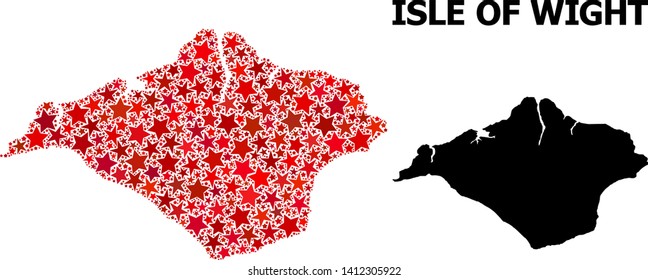 Red star pattern and solid map of Isle of Wight. Vector geographic map of Isle of Wight in red color shades. Abstract concept is created with scattered flat star elements.