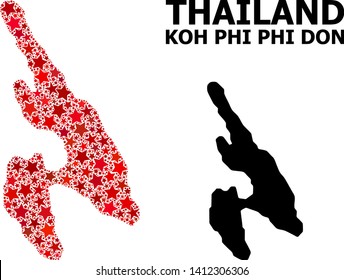 Red star pattern and solid map of Koh Phi Don. Vector geographic map of Koh Phi Don in red color tints. Abstract composition is constructed with random flat star parts.