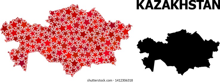 Red star pattern and solid map of Kazakhstan. Vector geographic map of Kazakhstan in red color tinges. Abstract collage is combined with scattered flat star items.