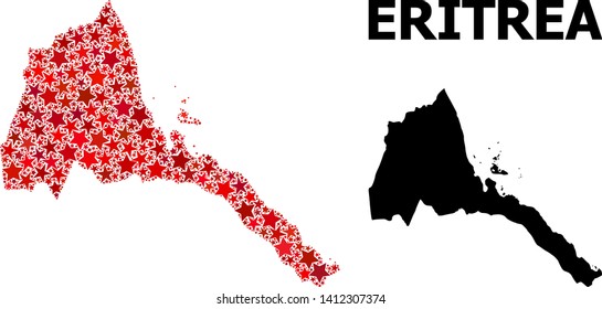 Red star pattern and solid map of Eritrea. Vector geographic map of Eritrea in red color shades. Abstract composition is organized from randomized flat star items.
