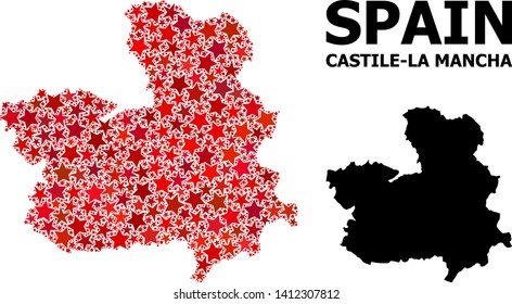 Red star pattern and solid map of Castile-La Mancha Province. Vector geographic map of Castile-La Mancha Province in red color variations. Abstract mosaic is organized with random flat star items.