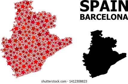 Red star pattern and solid map of Barcelona Province. Vector geographic map of Barcelona Province in red color tints. Abstract mosaic is composed with random flat star elements.