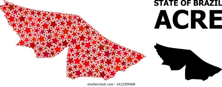 Red star pattern and solid map of Acre State. Vector geographic map of Acre State in red color shades. Abstract concept is constructed from random flat star elements.