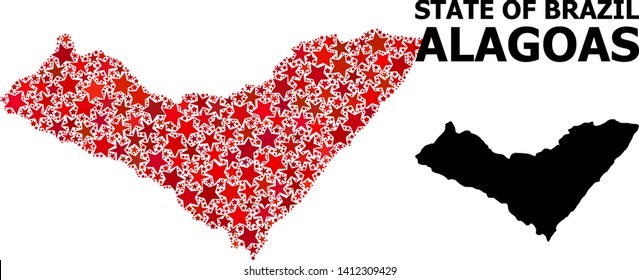Red star pattern and solid map of Alagoas State. Vector geographic map of Alagoas State in red color variations. Abstract composition is created with scattered flat star elements.