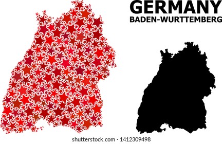 Red star pattern and solid map of Baden-Wurttemberg State. Vector geographic map of Baden-Wurttemberg State in red color hues. Abstract composition is combined from scattered flat star elements.