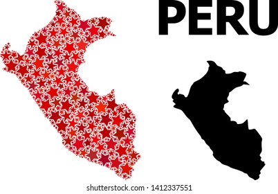 Red star pattern and solid map of Peru. Vector geographic map of Peru in red color tones. Abstract mosaic is done with scattered flat star items.