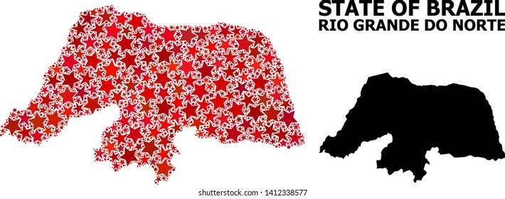 Red star pattern and solid map of Rio Grande do Norte State. Vector geographic map of Rio Grande do Norte State in red color shades. Abstract concept is created from randomized flat star items.