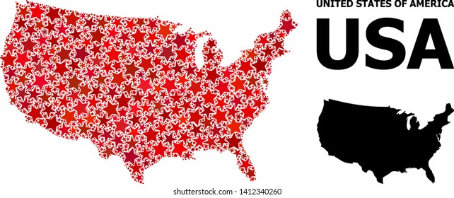 Red star pattern and solid map of USA. Vector geographic map of USA in red color tinges. Abstract composition is combined from scattered flat star items.