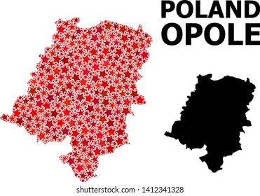 Red star pattern and solid map of Opole Province. Vector geographic map of Opole Province in red color tones. Abstract collage is done from random flat star parts.
