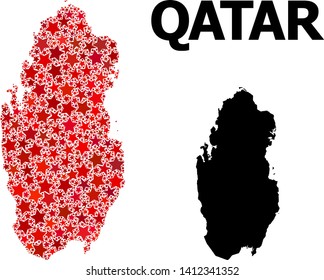 Red star pattern and solid map of Qatar. Vector geographic map of Qatar in red color variations. Abstract mosaic is done with scattered flat star parts.