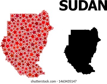 Red star pattern and solid map of Sudan. Vector geographic map of Sudan in red color hues. Abstract concept is designed from random flat star parts.