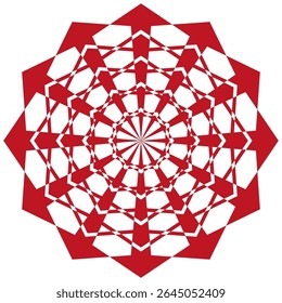Red star pattern. Vibrant geometric design. Intricate radial shape. Vector art symbol.