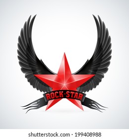 Red star with Rock Star banner and black wings. Illustration on white background