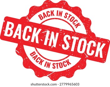 Red star round stamp vector for back in stock product availability and retail inventory seal