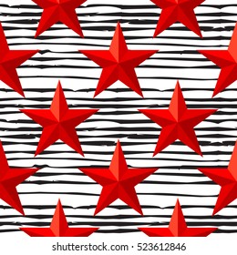 Red star seamless pattern on doodle line background. 23 February. The Day of Defender of the Fatherland. Vector illustration
